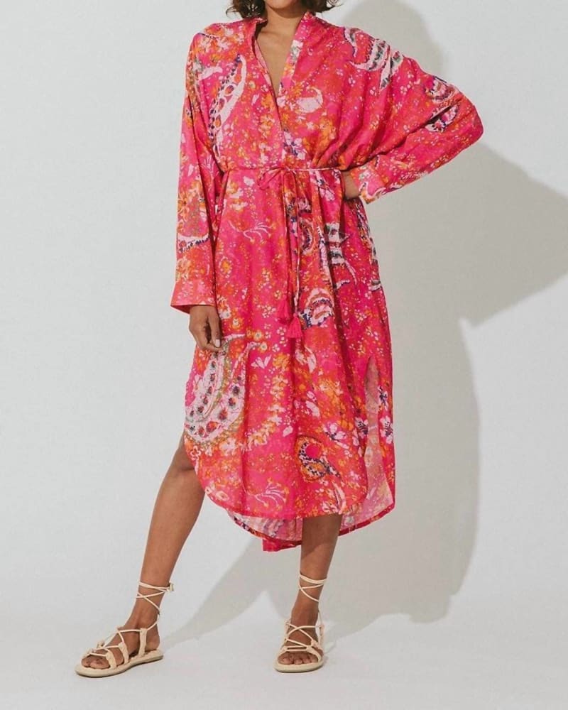 Front of a model wearing a size LARGE Rohita Kaftan Dress In Hibiscus in Hibiscus by Cleobella. | dia_product_style_image_id:342284